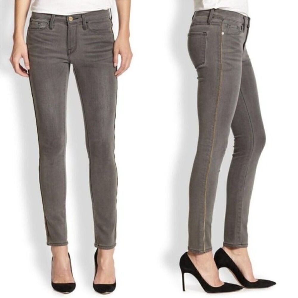Revolve FRAME Le Skinny de Jeanne Thatcher Gray Zipper Accent Ankle Jeans